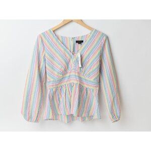 J.CREW V-Neck Rainbow Striped Seersucker Peplum Top Blouse Size 6 NEW